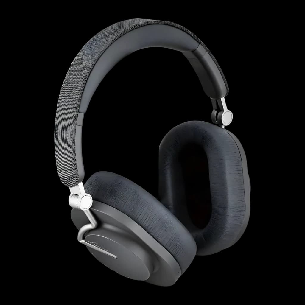 Casque Moondrop Edge Grey ANC hybride, arceau mesh gris, coques ovales noires, coussinets épais, charnières métal argenté, design élégant et moderne