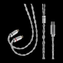 Câble tressé argenté avec connecteur USB‑C Moondrop et double sortie équilibrée 2 broches marquées rouge et blanche, finitions métalliques élégantes