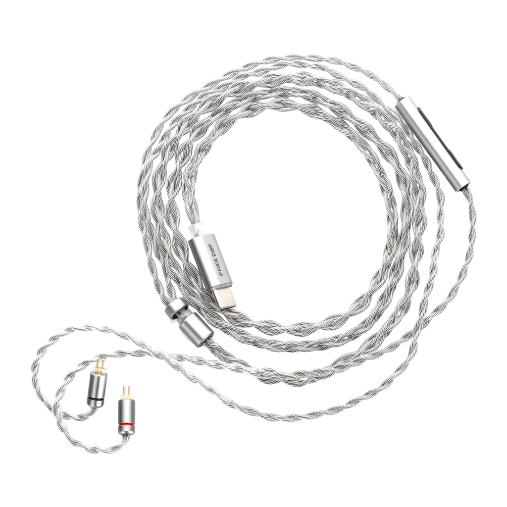 Cabo trançado prateado com conector USB-C Moondrop e duas saídas balanceadas MMCX, detalhe vermelho para canal direito e acabamento metálico elegante - Item1