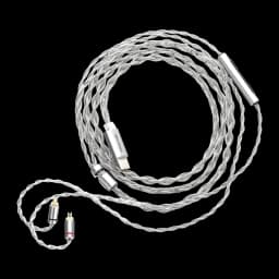 Câble argenté tressé avec connecteur USB C, module cylindrique intégré et terminaisons 2 broches rouge et noire, fini métal brossé élégant