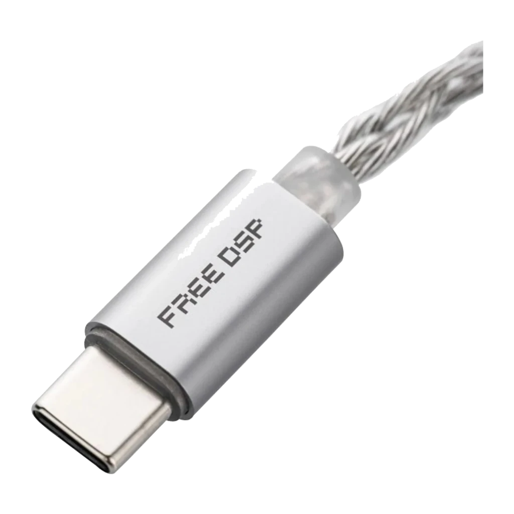 Cabo trançado prateado com conector USB-C Moondrop e duas saídas balanceadas MMCX, detalhe vermelho para canal direito e acabamento metálico elegante - Item6