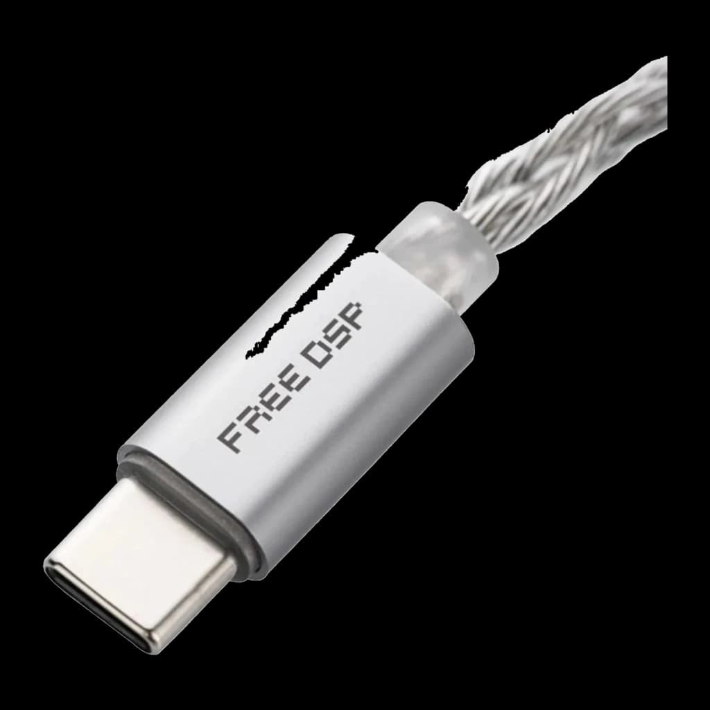 Câble tressé argenté avec connecteur USB-C métallique, marquage FREE DSP, finition premium et gaine transparente pour sortie audio équilibrée DAC AMP DSP