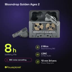 Écouteurs Moondrop Golden Ages 2 TWS au design cassette rétro, boîtier gris illustré, embouts intra, deux micros, drivers 13 mm, ANC et logo Powerplanet