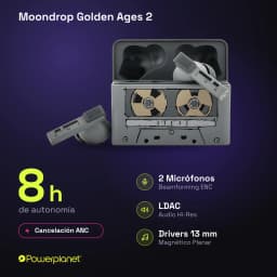 Écouteurs Moondrop Golden Ages 2 TWS gris avec boîtier style cassette rétro, embouts intra-auriculaires, grilles micro visibles et LED d’état