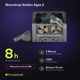 Écouteurs Moondrop Golden Ages 2 TWS avec boîtier au design cassette rétro, embouts in ear noirs, micros ENC, réduction de bruit ANC, drivers 13 mm LDAC