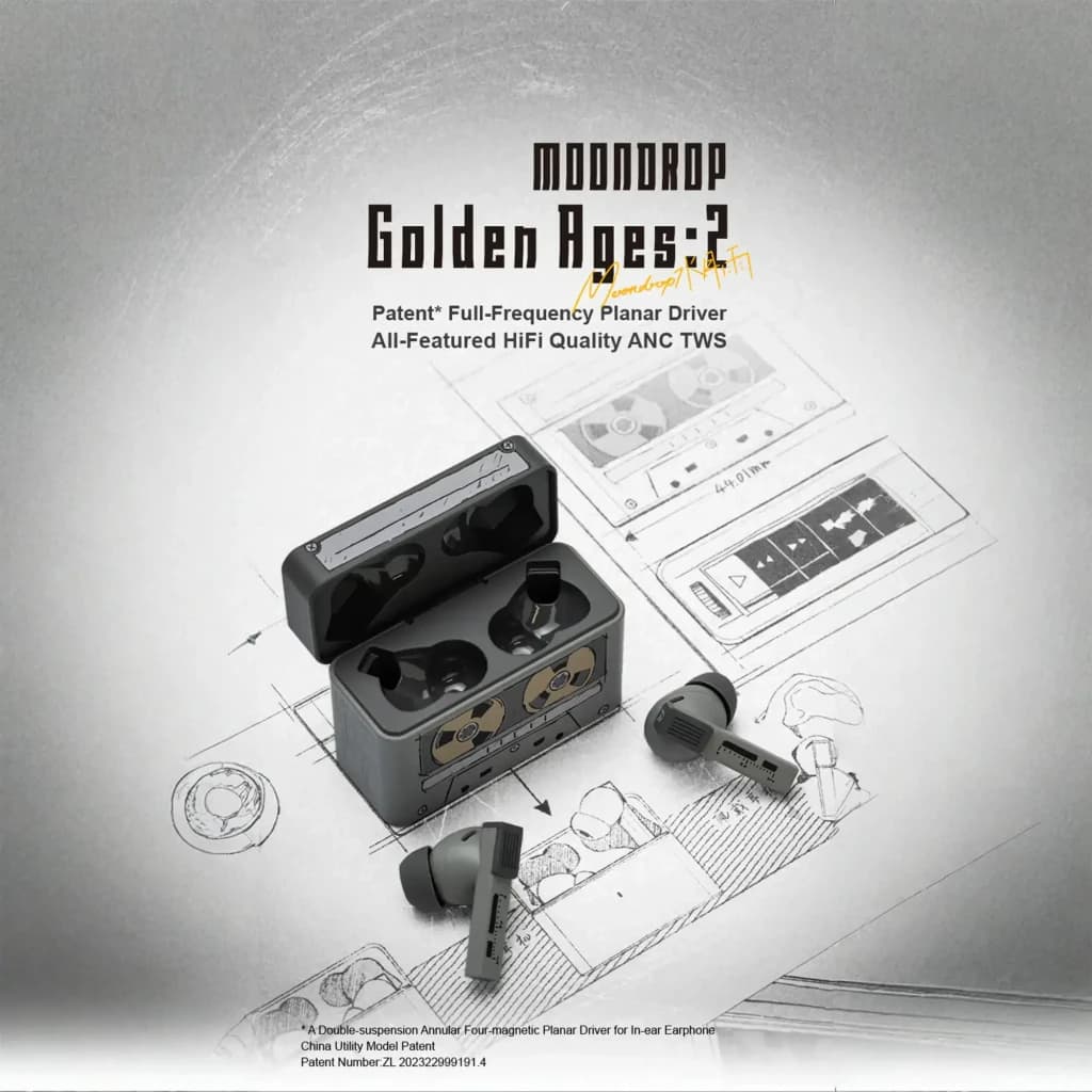 Écouteurs Moondrop Golden Ages 2 TWS gris avec boîtier rétro façon cassette, embouts intra, tiges courtes, voyants LED, réduction de bruit ANC et charge
