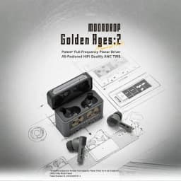 Écouteurs Moondrop Golden Ages 2 TWS gris avec boîtier rétro façon cassette, embouts intra, tiges courtes, voyants LED, réduction de bruit ANC et charge