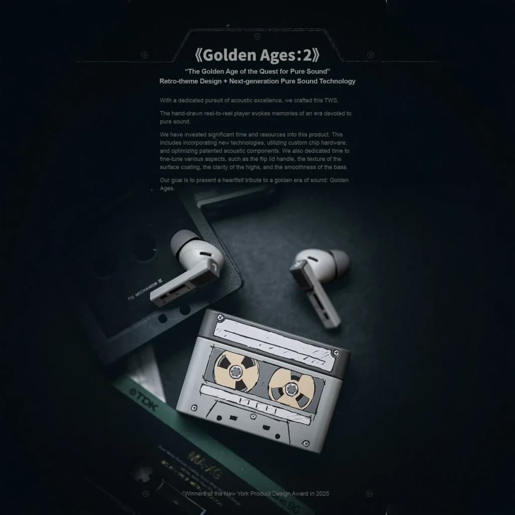 Écouteurs Moondrop Golden Ages 2 TWS ANC blancs, embouts intra-auriculaires, tiges courtes, boîtier rétro façon cassette avec détails métalliques et