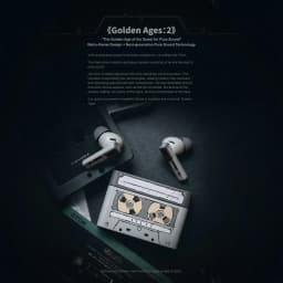 Écouteurs Moondrop Golden Ages 2 TWS ANC blancs, embouts intra-auriculaires, tiges courtes, boîtier rétro façon cassette avec détails métalliques et