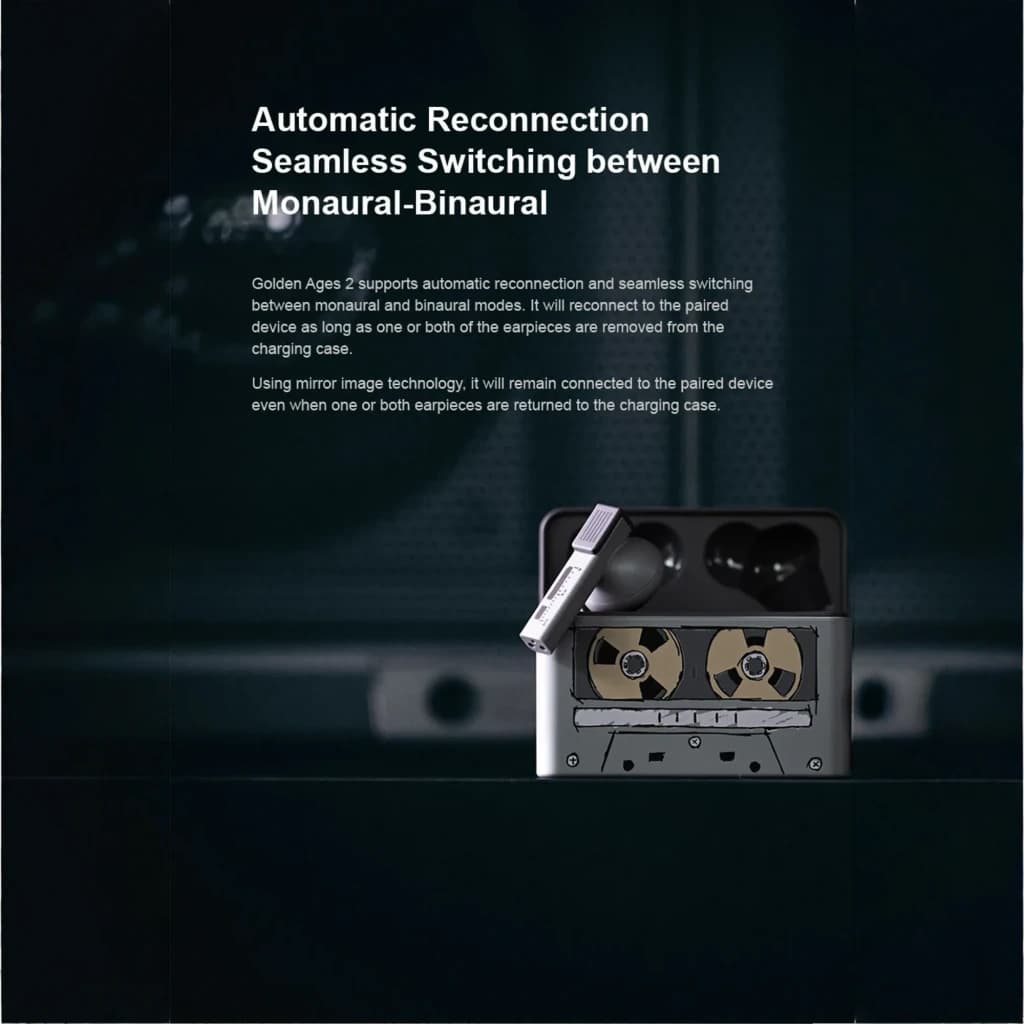 Écouteurs Moondrop Golden Ages 2 TWS avec boîtier gris, façade style cassette dorée, embouts intra-auriculaires, micro externe et indicateurs lumineux