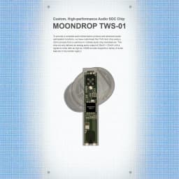 Écouteurs Moondrop Golden Ages 2 TWS In‑Ear avec puce audio SOC TWS‑01 visible, circuits verts, boîtier transparent, design compact, ANC intégré