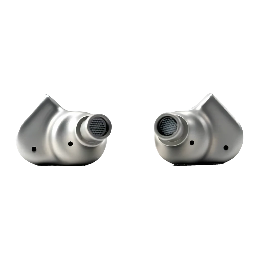 Auriculares IEM Moondrop LAN plateados con carcasa metálica, logo grabado y cable transparente en forma de corazón, con conector 3.5 mm y marca roja en un - Ítem4