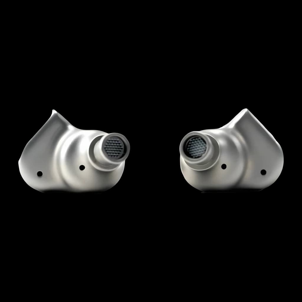 Embouts IEM Moondrop LAN en métal brossé, boîtiers argentés ergonomiques avec buses grillagées et évents frontaux, finition premium compacte