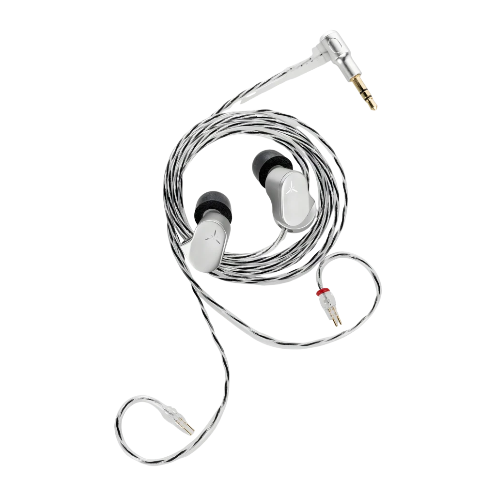 Auriculares IEM Moondrop LAN plateados con carcasa metálica, logo grabado y cable transparente en forma de corazón, con conector 3.5 mm y marca roja en un - Ítem2