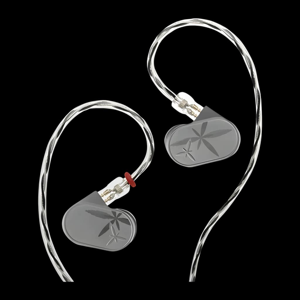 Écouteurs intra gris Moondrop Lan II REF avec coques métalliques gravées, connecteurs MMCX et câble torsadé argenté, prise jack 4,4 mm équilibrée