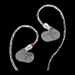 Écouteurs intra gris Moondrop Lan II REF avec coques métalliques gravées, connecteurs MMCX et câble torsadé argenté, prise jack 4,4 mm équilibrée