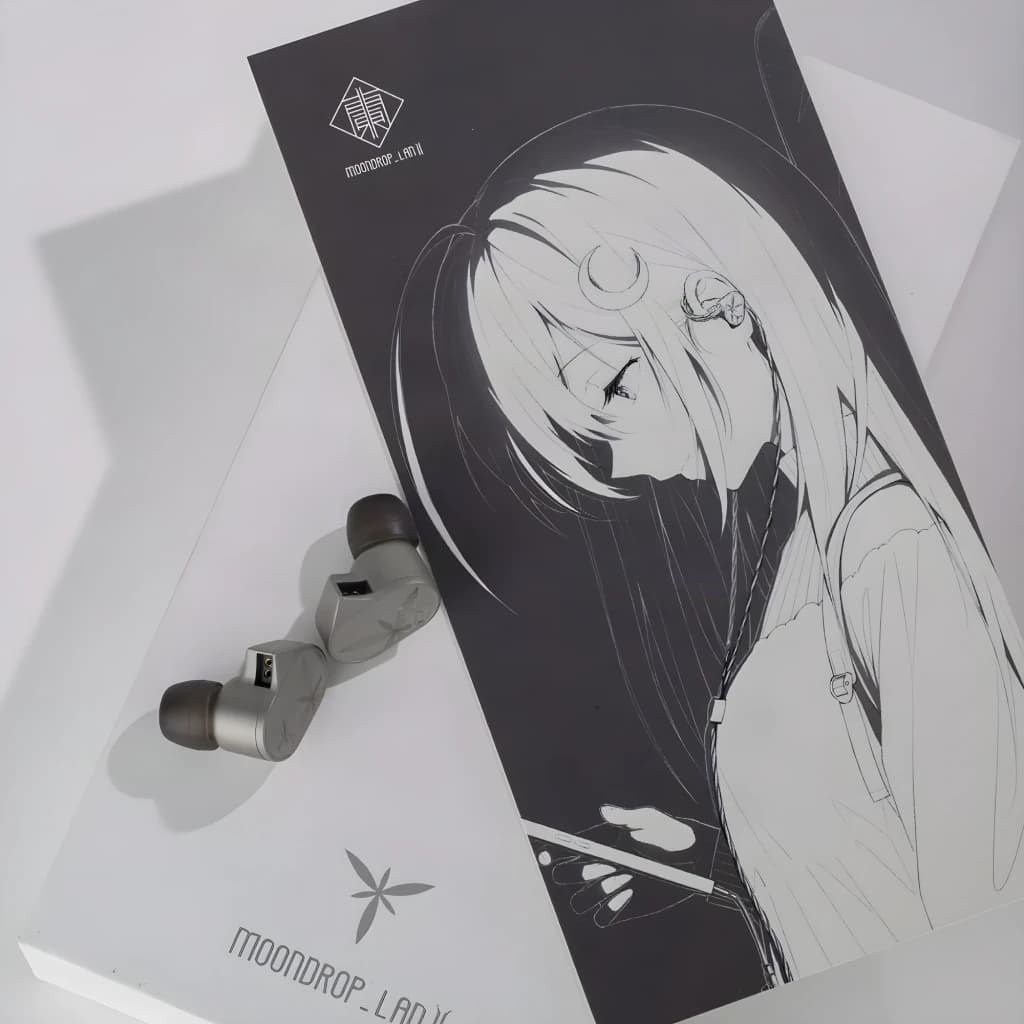 Écouteurs intra gris compacts avec coque métallique mate, connecteur jack 4,4 mm équilibré et embouts silicone, présentés sur boîte au visuel monochrome
