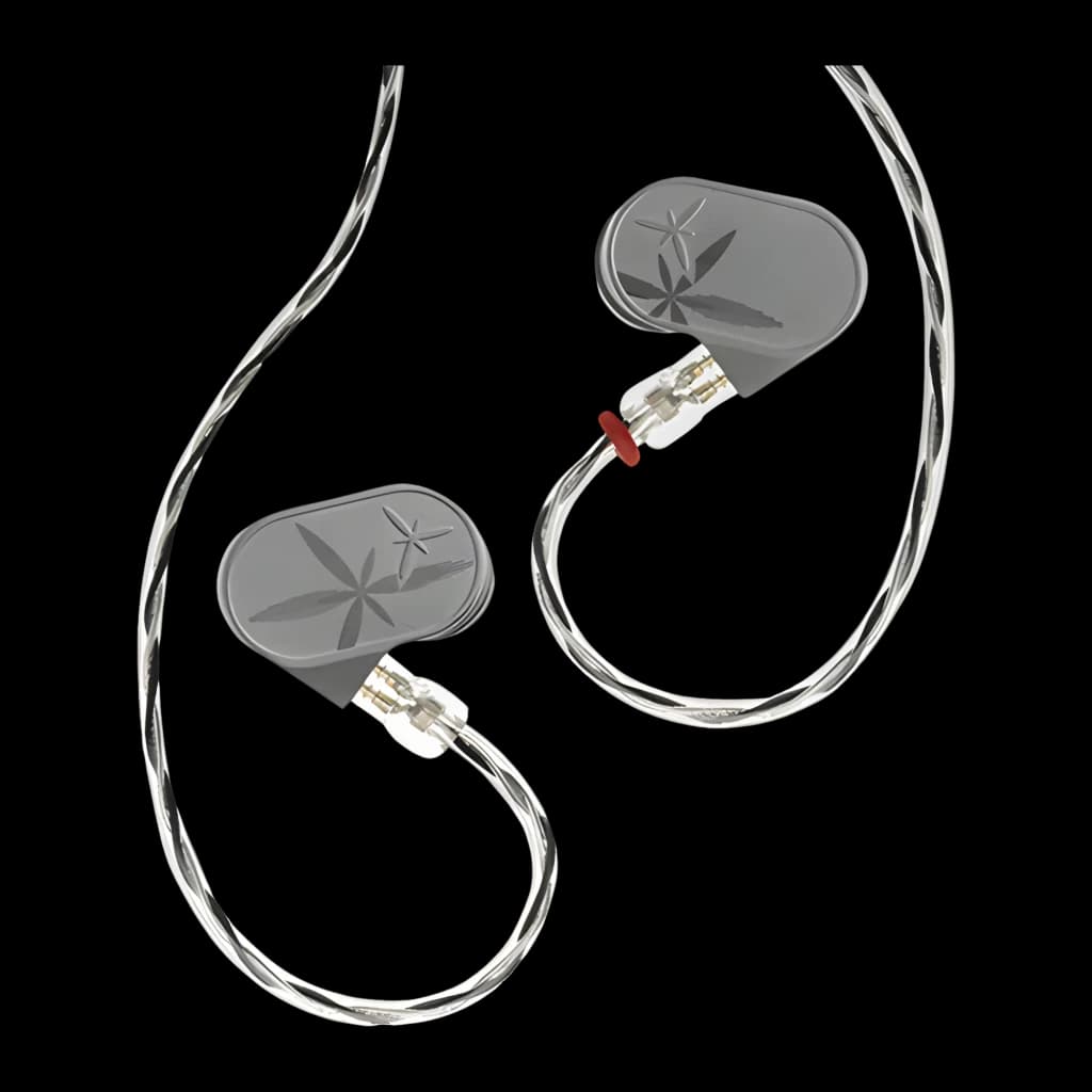 Écouteurs intra Moondrop Lan II REF au boîtier gris gravé, connecteurs détachables et câble tressé translucide, prise jack 4,4 mm équilibrée