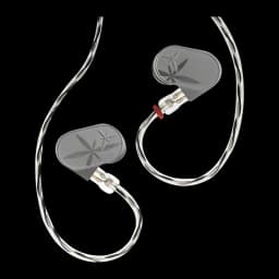 Écouteurs intra Moondrop Lan II REF au boîtier gris gravé, connecteurs détachables et câble tressé translucide, prise jack 4,4 mm équilibrée