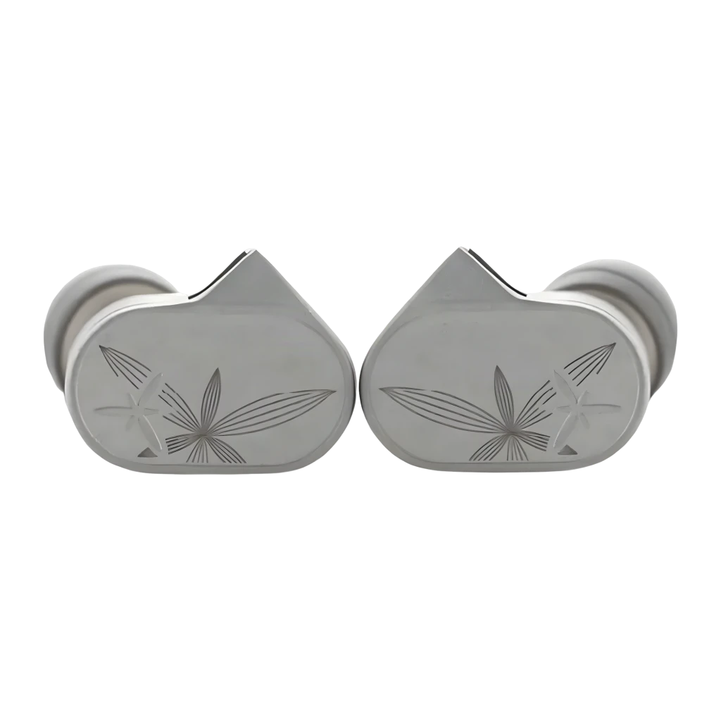Auriculares Moondrop LAN II POP intra-auriculares com concha metálica cinza gravada, conector 4,4 mm balanceado e cabo transparente sobre a orelha - Item7