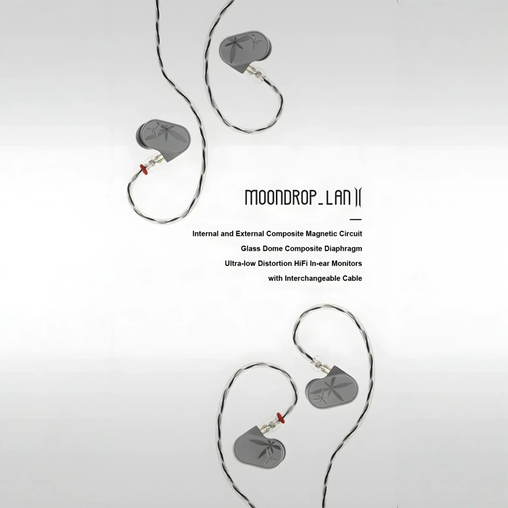 Auriculares Moondrop LAN II POP intra-auriculares com concha metálica cinza gravada, conector 4,4 mm balanceado e cabo transparente sobre a orelha - Item8