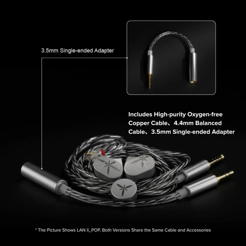 Auriculares Moondrop LAN II POP intra-auriculares com concha metálica cinza gravada, conector 4,4 mm balanceado e cabo transparente sobre a orelha - Item3
