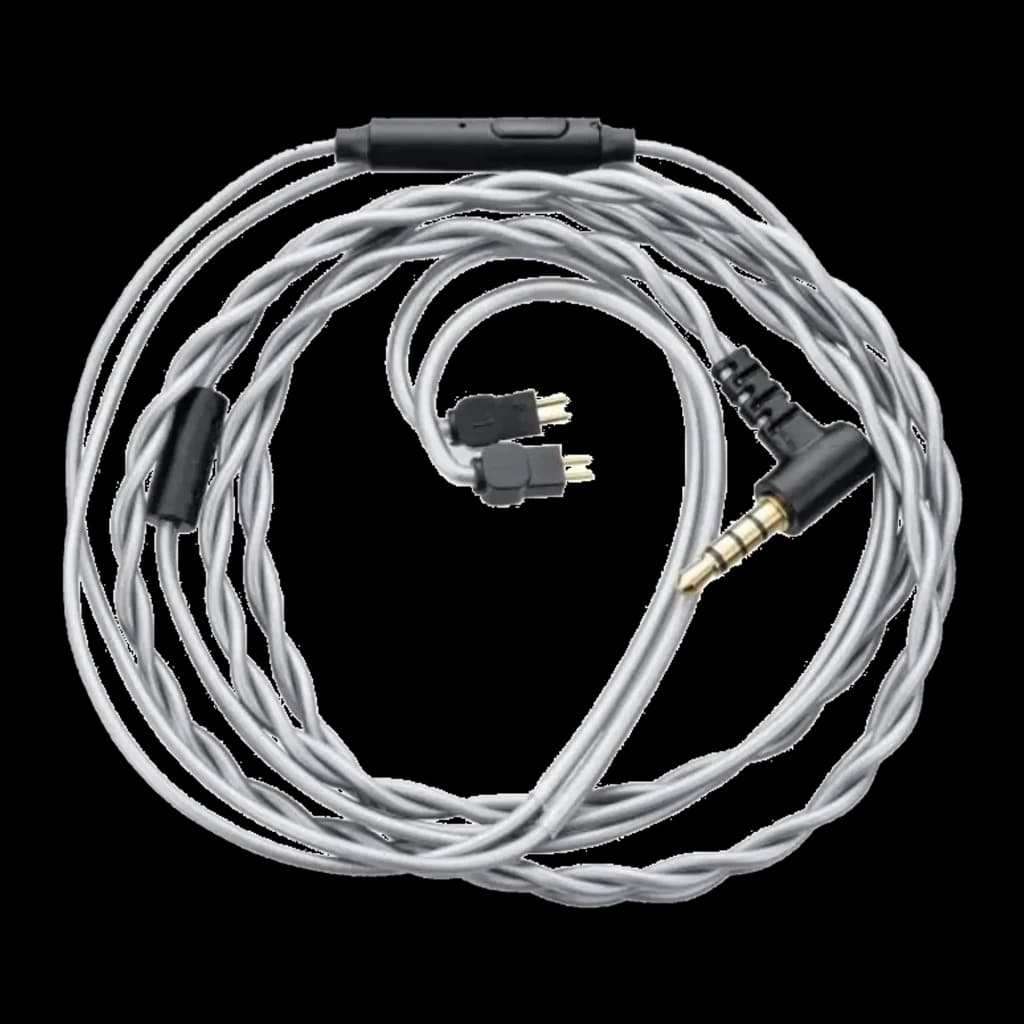 Cable Moondrop MC1 3.5mm con micrófono, conector en L dorado, control en línea y terminación 2‑Pin; cable trenzado plateado de cobre OFC 4N