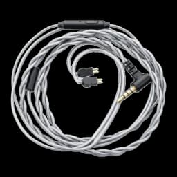 Cable Moondrop MC1 3.5mm con micrófono, conector en L dorado, control en línea y terminación 2‑Pin; cable trenzado plateado de cobre OFC 4N