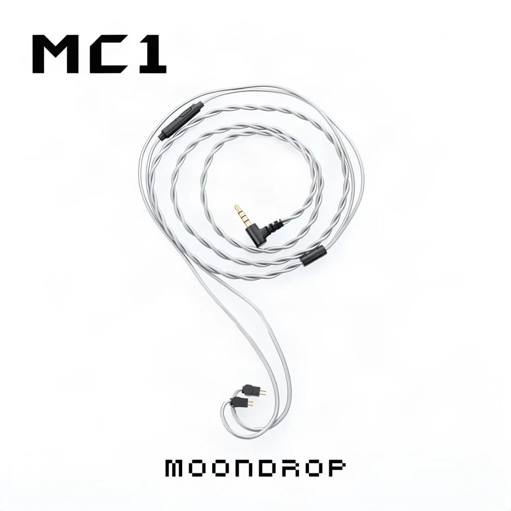 Cable Moondrop MC1 3.5 mm con micrófono, trenzado plateado, conector en L y terminales 2‑Pin; cobre OFC 4N, control en línea y diseño ligero y flexible