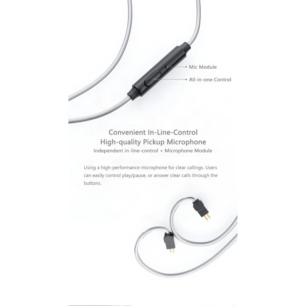 Câble Moondrop MC1 3.5 mm avec microphone, connecteurs 2‑Pin, cuivre OFC 4N argenté, prise coudée dorée, gaine torsadée et télécommande intégrée - Ítem5