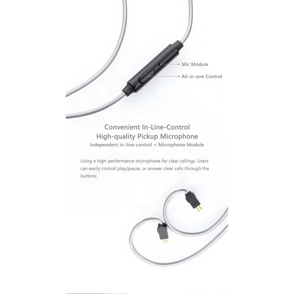 Cable Moondrop MC1 3.5 mm con micrófono en línea, control multifunción, conectores 2‑pin dorados y cable de cobre OFC 4N gris claro