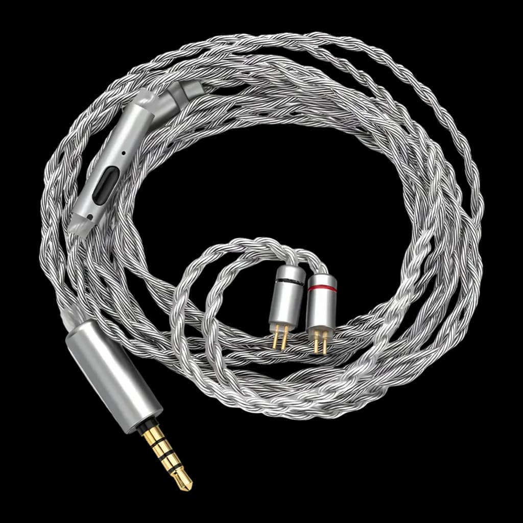 Câble audio tressé argenté 1,2 m avec micro, jack 3,5 mm plaqué or et connecteurs 2 broches 0,78 mm, repères rouge et gris, gaine transparente robuste