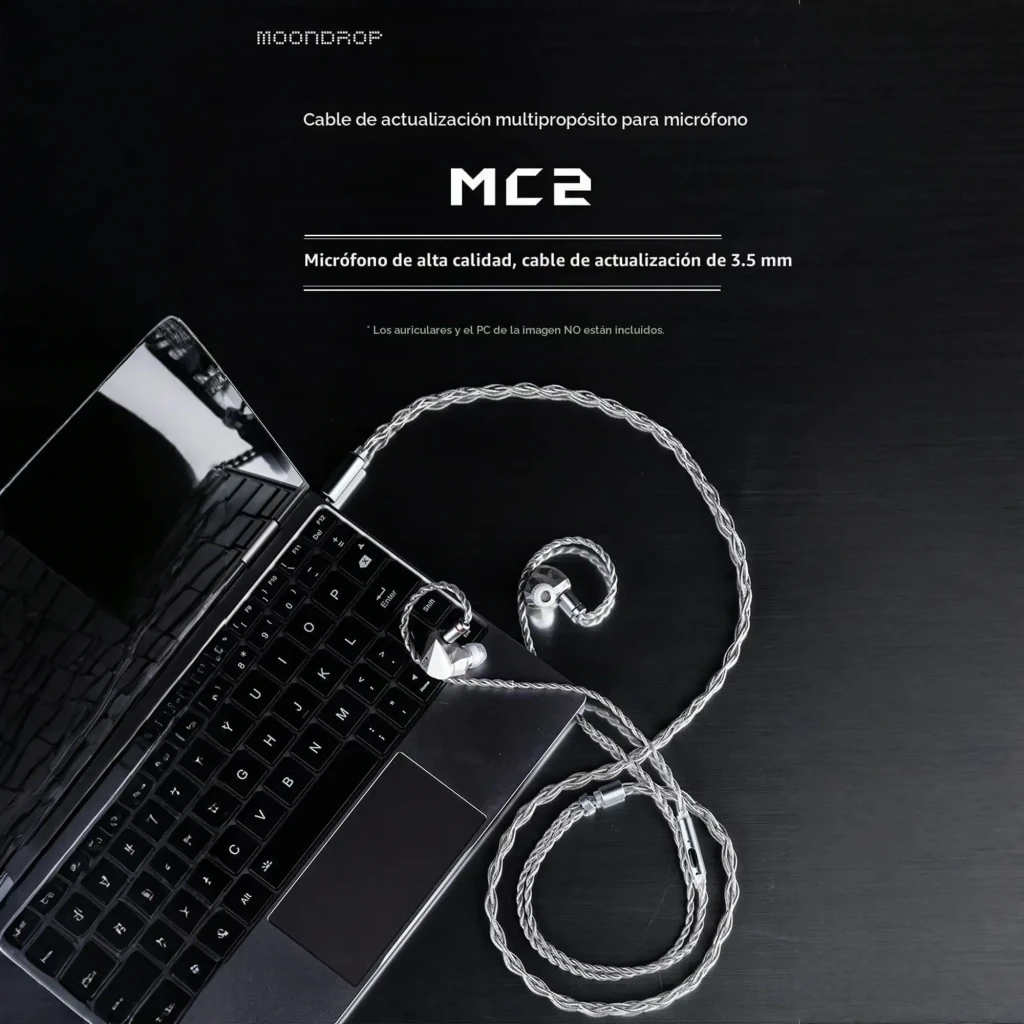 Cable Moondrop MC2 plateado trenzado, 1.2 m, con micrófono en línea, conector jack 3.5 mm dorado y dos pines 0.78 mm con marcadores rojo y gris - Ítem3