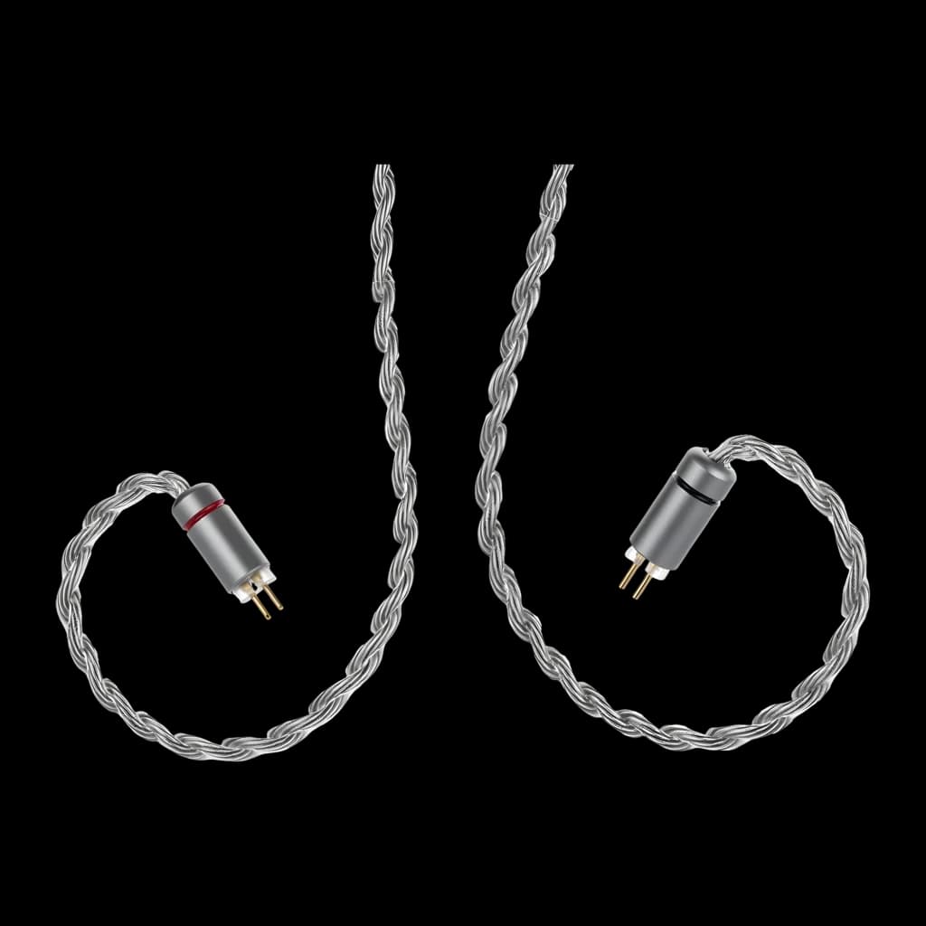 Câble audio tressé argenté 2‑Pin 0,78 mm avec connecteurs dorés, gaine transparente et repère rouge, format tour d oreille pour écouteurs IEM