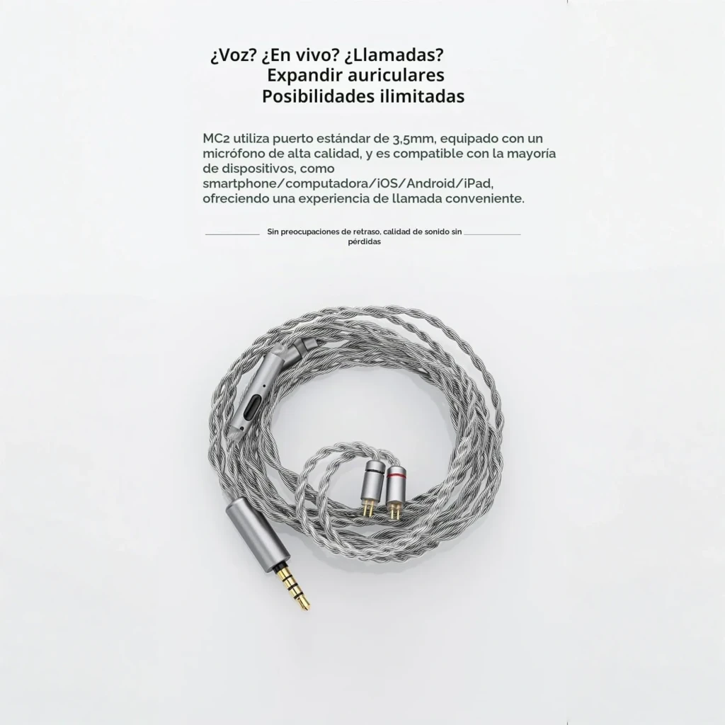 Cable Moondrop MC2 plateado trenzado, 1.2 m, con micrófono en línea, conector jack 3.5 mm dorado y dos pines 0.78 mm con marcadores rojo y gris - Ítem2