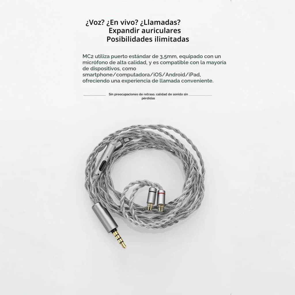 Câble audio tressé argenté 1,2 m avec micro, connecteur jack 3,5 mm et embouts 2‑Pin 0,78 mm, fiche coudée et bouton de commande sur la gaine