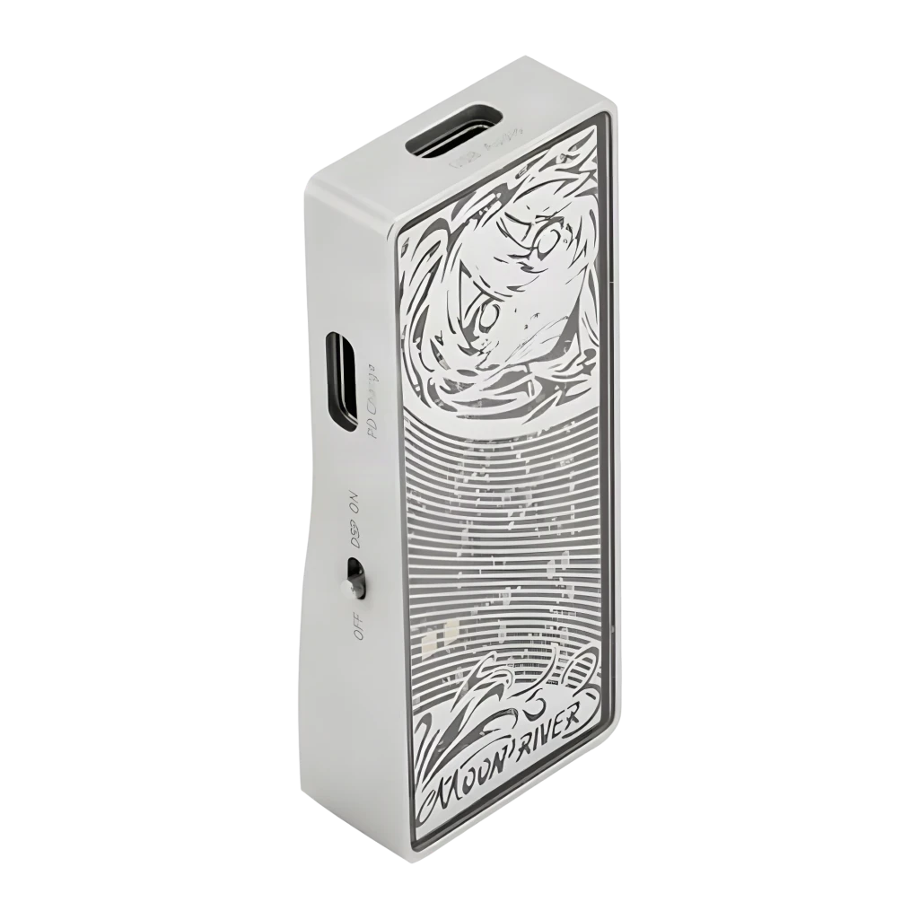 DAC Amplificador Moondrop Moonriver 3 DSD256 4.4mm Balanceado em alumínio prateado, painel frontal com arte gravada, botão de volume grande e portas laterais - Item3
