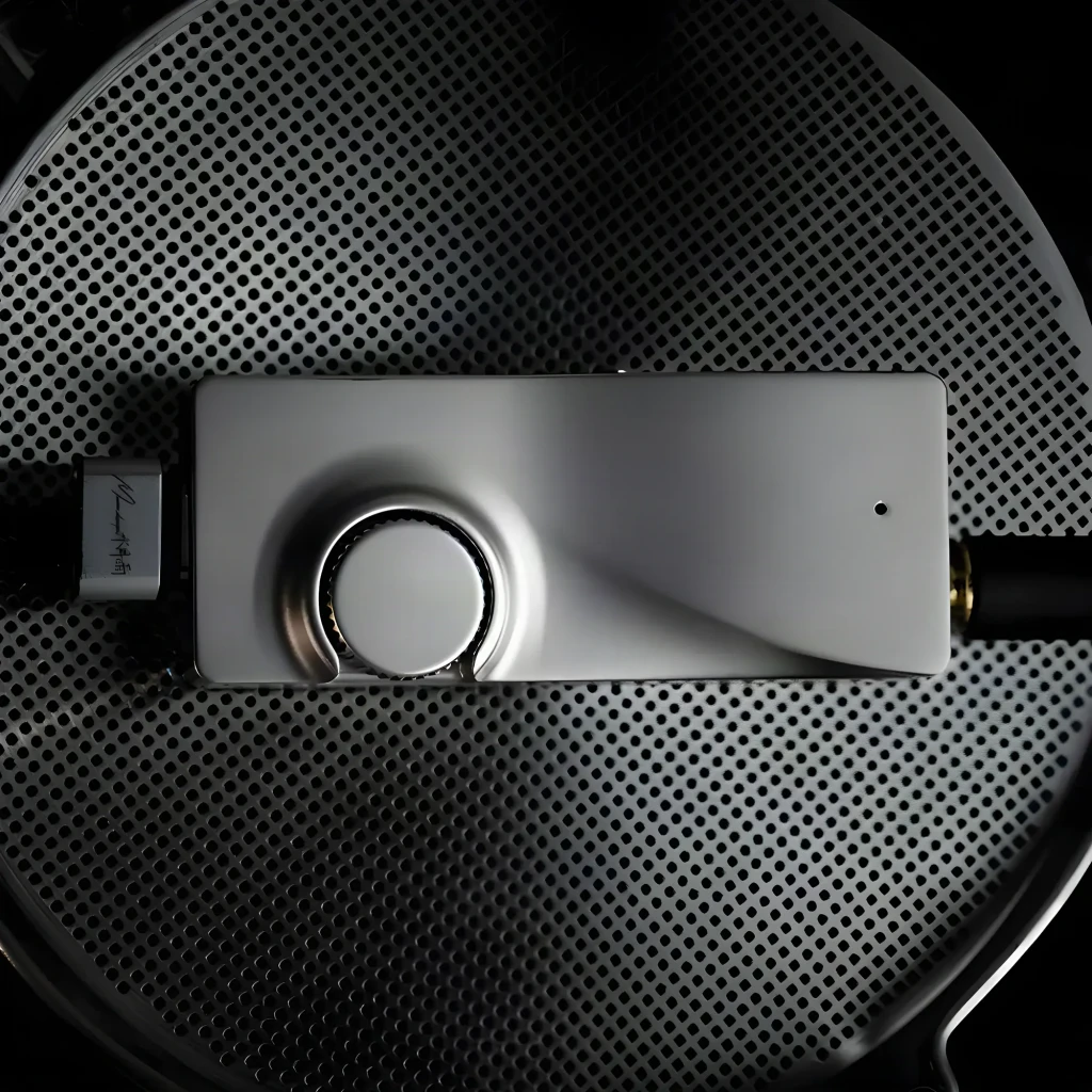 DAC Amplificador Moondrop Moonriver 3 DSD256 4.4mm Balanceado em alumínio prateado, painel frontal com arte gravada, botão de volume grande e portas laterais - Item2