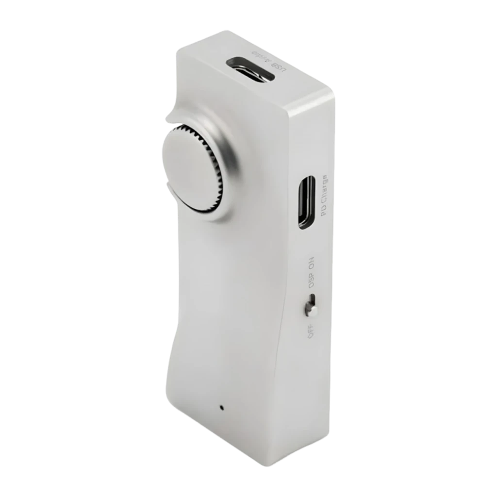 DAC Amplificador Moondrop Moonriver 3 DSD256 4.4mm Balanceado em alumínio prateado, painel frontal com arte gravada, botão de volume grande e portas laterais - Item9