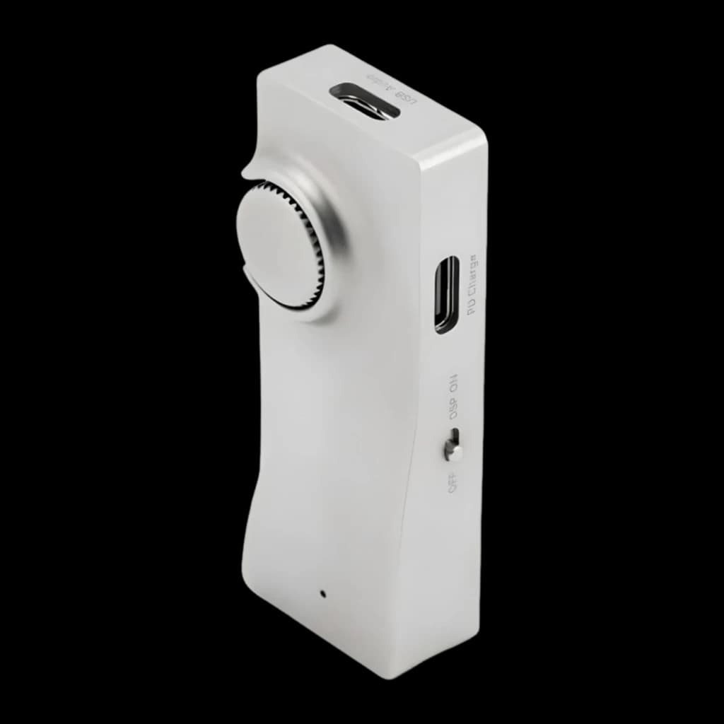 DAC Amplificateur Moondrop Moonriver 3 DSD256 4.4 mm Équilibré en aluminium argenté, molette de volume crantée, ports USB-C et sortie 4.4 mm, design compact