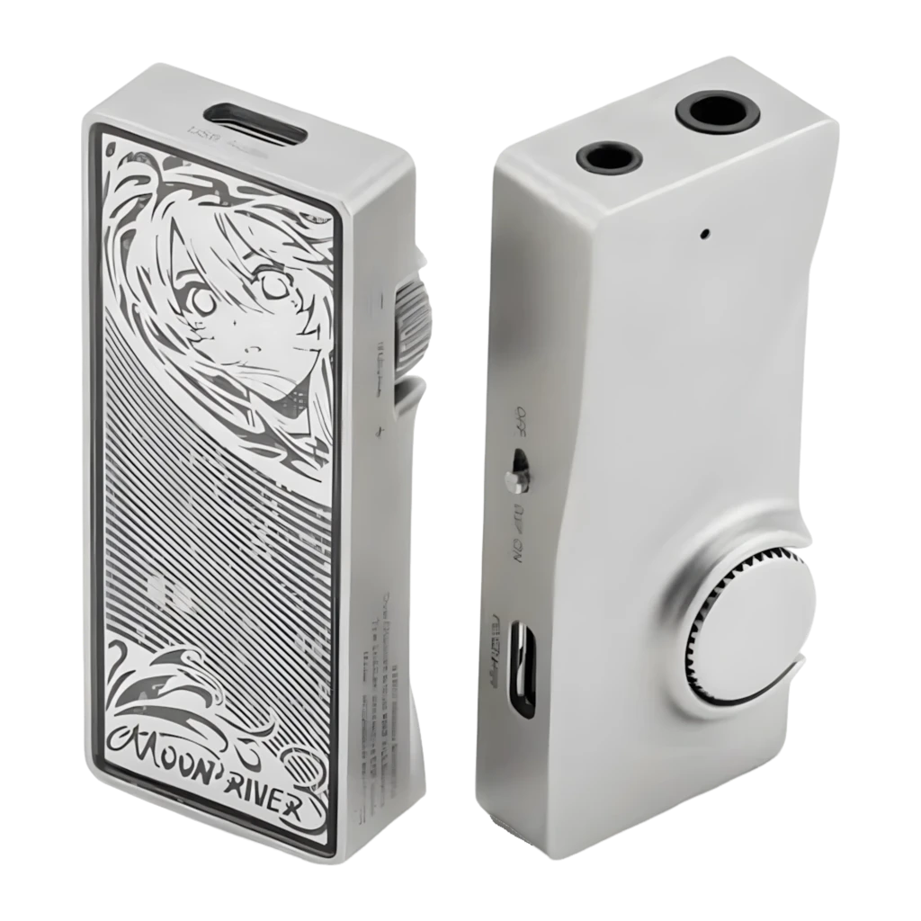 DAC Amplificador Moondrop Moonriver 3 DSD256 4.4mm Balanceado em alumínio prateado, painel frontal com arte gravada, botão de volume grande e portas laterais - Item10