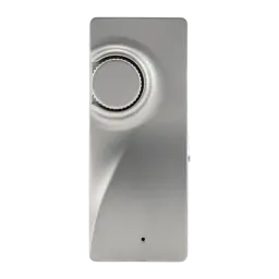 Boîtier métallique argent brossé avec grande molette crantée sur le dessus, courbes sculptées et LED discrète en façade; design minimaliste et premium