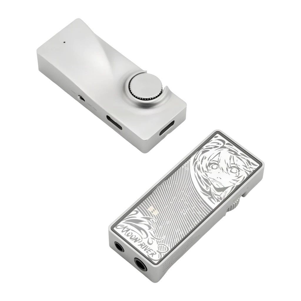 DAC Amplificador Moondrop Moonriver 3 DSD256 4.4mm Balanceado em alumínio prateado, painel frontal com arte gravada, botão de volume grande e portas laterais - Item7