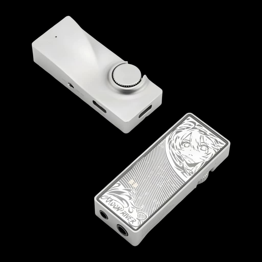 DAC Amplificateur Moondrop Moonriver 3 DSD256 4.4 mm Équilibré en aluminium argenté, molette crantée, double sortie casque et gravure anime détaillée