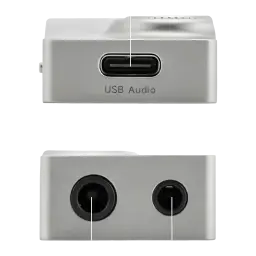 Boîtier métal argenté compact avec port USB Audio et sorties casque 4,4 mm équilibrée et 3,5 mm, façades plates et finitions soignées