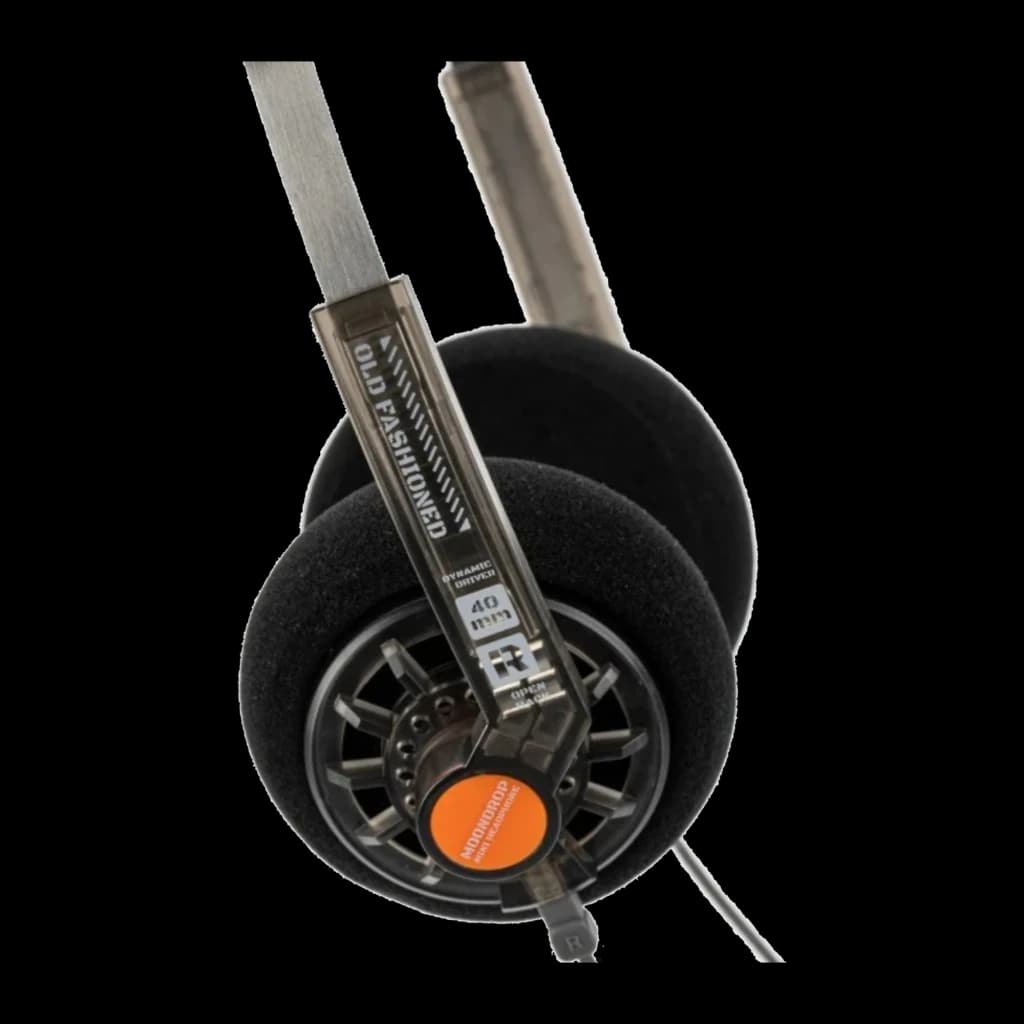 Casque Moondrop Old Fashioned on-ear rétro, arceau métal fin, coussinets mousse noirs, transducteurs 40 mm visibles, câble jack 3,5 mm avec étiquette orange