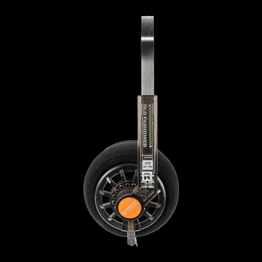 Casque on-ear rétro Moondrop Old Fashioned avec arceau métal, coussinets mousse noirs, grille circulaire grise, étiquette orange, prise jack 3,5 mm, driver