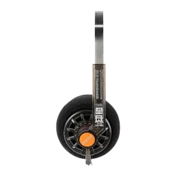 Casque on-ear rétro Moondrop Old Fashioned avec arceau métal, coussinets mousse noirs, grille circulaire grise, étiquette orange, prise jack 3,5 mm, driver