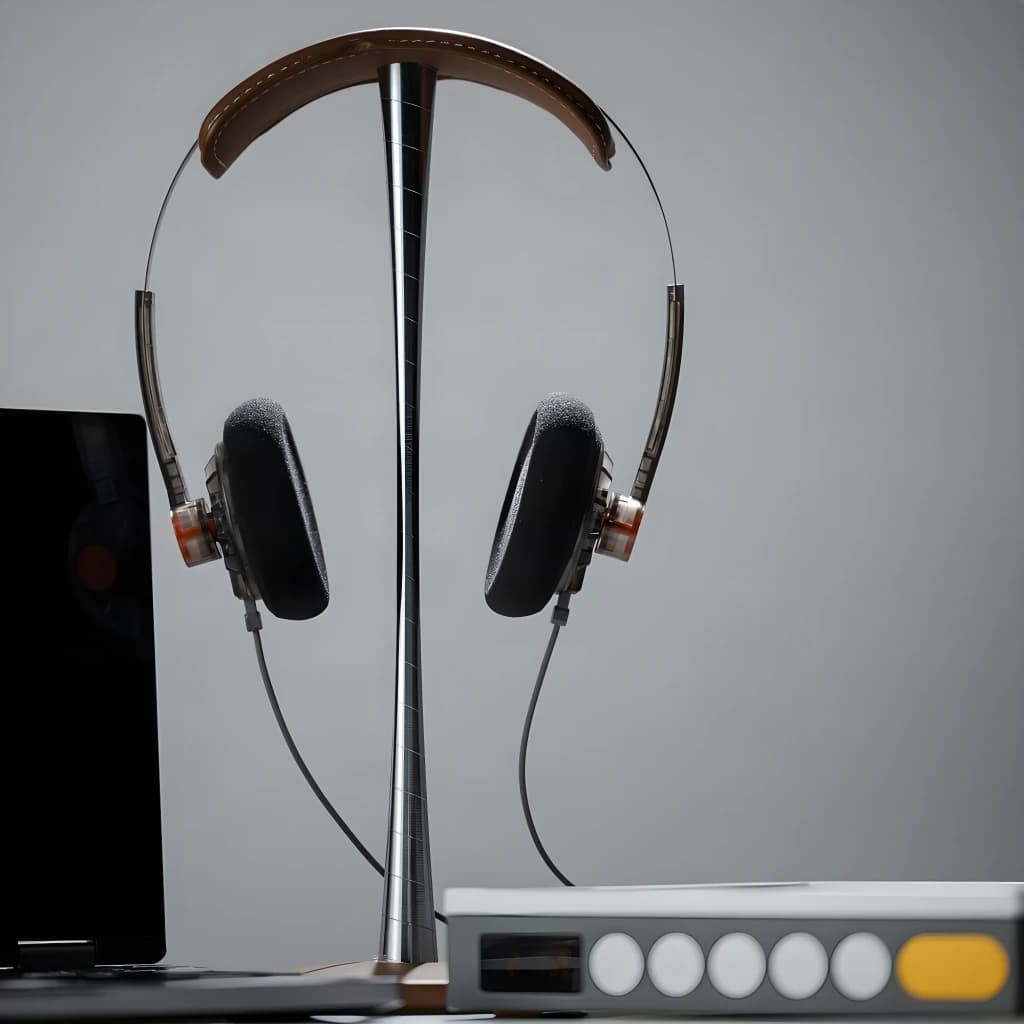 Casque Moondrop Old Fashioned on-ear gris avec arceau cuir, coussinets mousse épaisse, coques translucides ambrées, câble jack 3,5 mm, posé sur un support