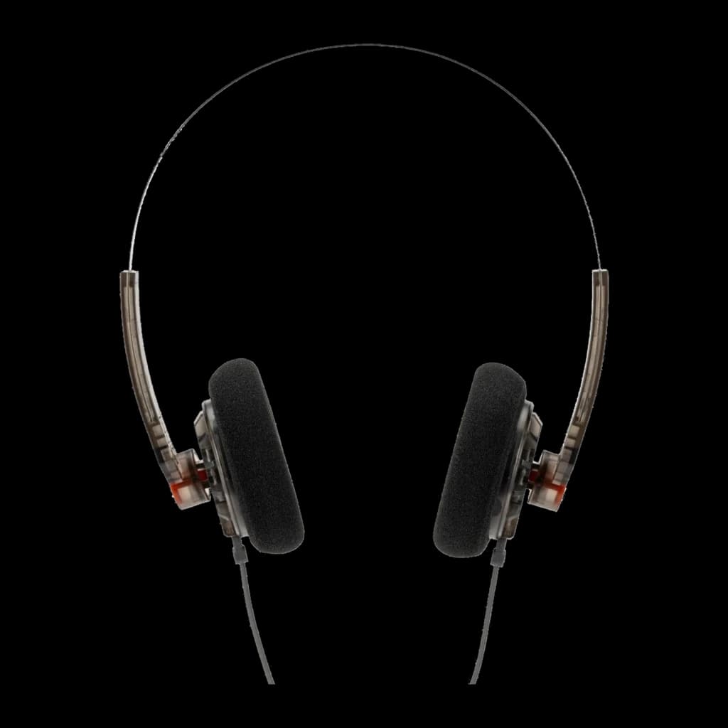 Casque Moondrop Old Fashioned 4.4mm arceau fin, supra-aural ouvert, oreillettes en mousse noire, coques translucides fumées, câble filaire discret